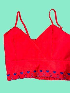 Red Cropped Tank Top With Blue Embroidered Heart Trim & Adjustable Straps